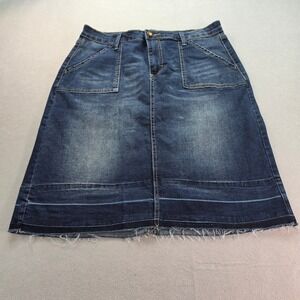 Zele Belle Denim Mini Skirt Womens 14 Dark Wash Raw Hem Stretch Pockets Y2K